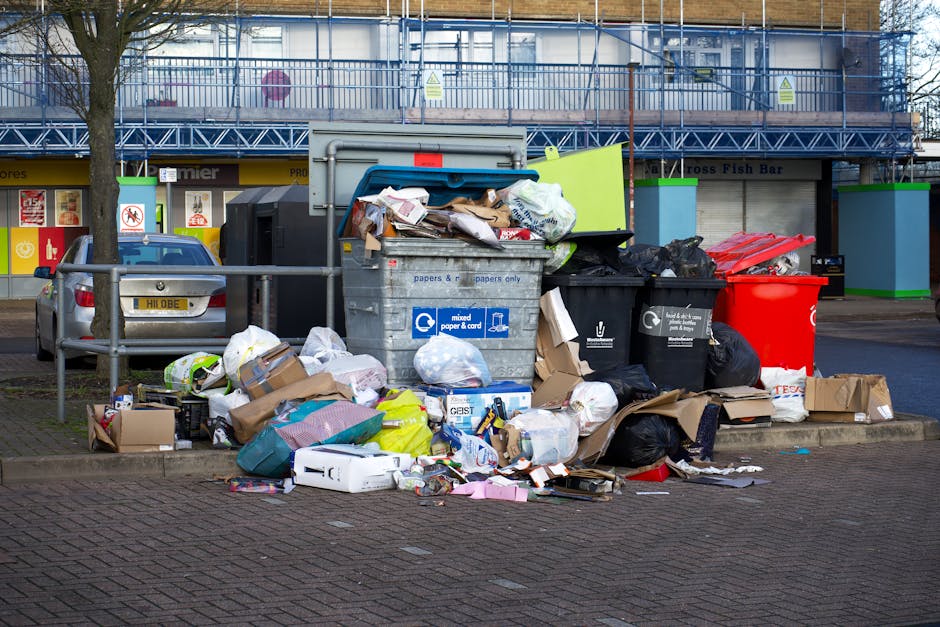 A collection of overflowing waste and recycling bins situated on a paved street in Pimlico, London. The refuse includes large grey mixed paper and cardboard recycling containers with their lids open, revealing stacked paper, cardboard boxes, and plastic packaging. Adjacent to these, there are black waste bags, a bright red bin, and brown cardboard boxes scattered around on the ground, some partially crushed or torn. The setting is an urban outdoor area, with a street-facing storefront in the background and roadside parking, including a silver car parked nearby. A metal rail separates the waste area from the rest of the pavement. The scene appears to relate to rubbish disposal or waste removal services, consistent with the context of house removals and relocation logistics managed by Man With a Van Pimlico.